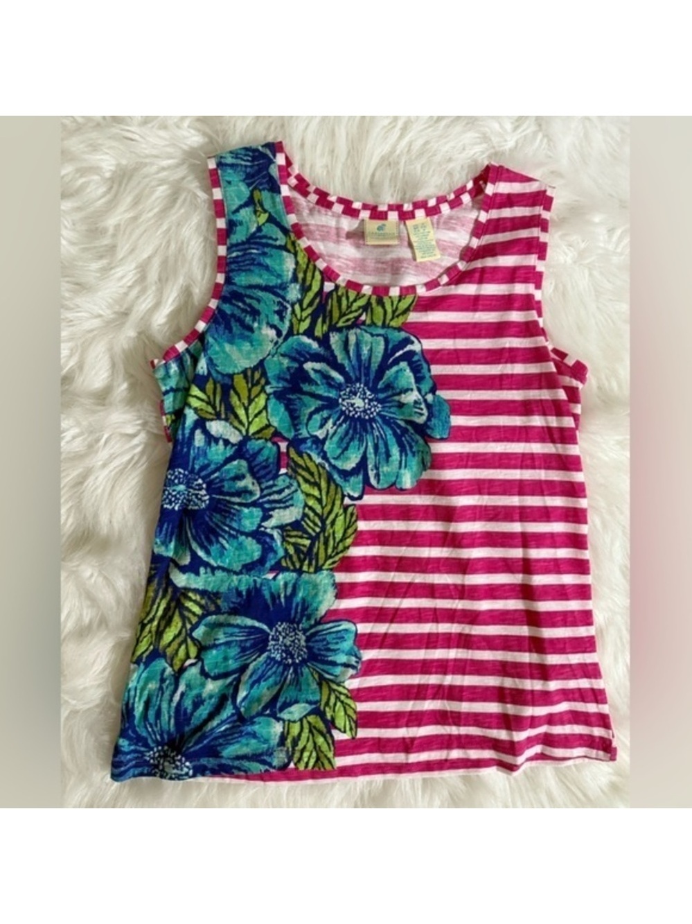 Caribbean Joe Pink and White Striped Tank Top with Blue Floral Design